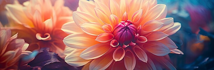 Fototapeta premium A Captivating Display of Colorful Dahlia Mix Blooms Adorned with Rain Drops in the Tranquil Setting of a Rustic Garden against the Enchanting Sunset Background, Mix blooms with rain drops, in rustic g