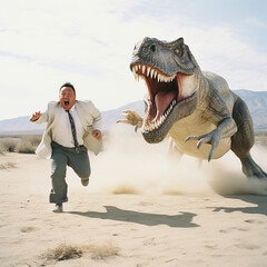 Frightened man runs away from the angry huge predatory dinosaur Tyrannosaurus rex  - obrazy, fototapety, plakaty