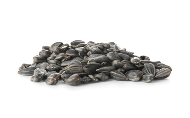Heap of sunflower seeds on white background