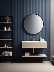 modern bathroom interior with navy blue tiles and round mirror, interior design concept 