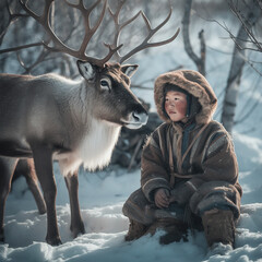 Yakut boy in national fur clothes and a reindeer against the backdrop of snowy tundra, portrait, close-up