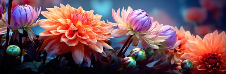 A Captivating Display of Colorful Dahlia Mix Blooms Adorned with Rain Drops in the Tranquil Setting of a Rustic Garden against the Enchanting Sunset Background, Mix blooms with rain drops, in rustic g