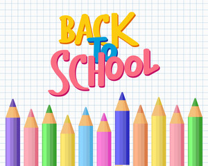 Back to school, lettering with colored pencils on a checkered page of a school notebook. Calligraphic handwritten inscription, quote. Children's print, vector