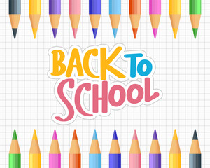 Back to school, lettering with colored pencils on a checkered page of a school notebook. Calligraphic handwritten inscription, quote. Children's print, vector