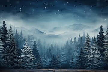 Winter landscape with snowy fir trees and mountains at night. 