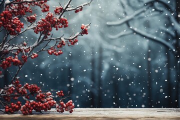 Winter background with snow covered trees and rowan berries on wooden table - obrazy, fototapety, plakaty