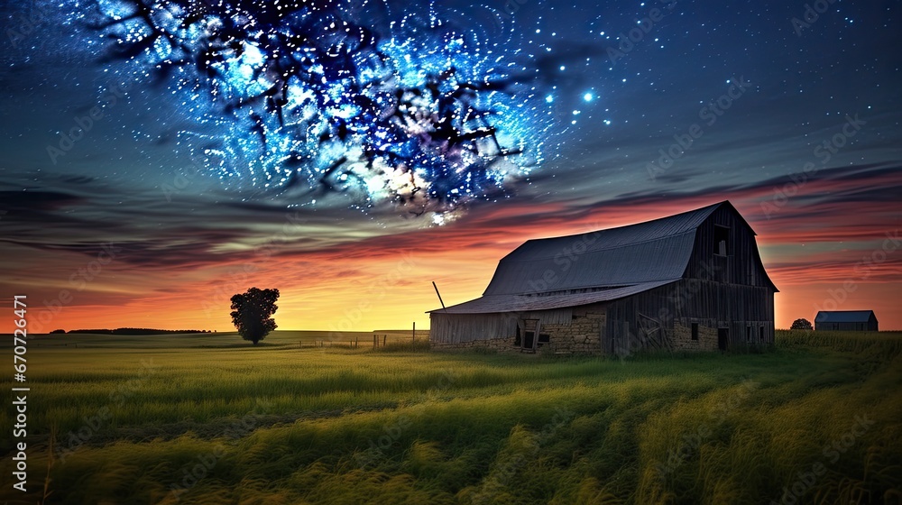 Poster a barn in the middle of a field with a sky full of stars and a tree in the foreground. generative ai
