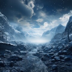 Fantasy landscape with mountain river and night sky