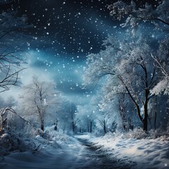 Winter forest at night with falling snowflakes. Magical winter landscape.