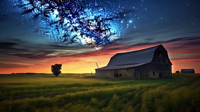  a barn in the middle of a field with a sky full of stars and a tree in the foreground.  generative ai