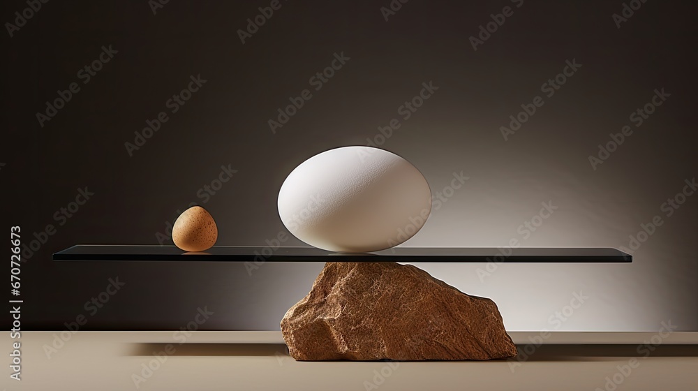 Poster an egg sitting on top of a rock in front of a balance scale with an egg on top of it. generative ai