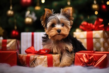 Yorkshire terrier puppy in front of piles of gift boxes