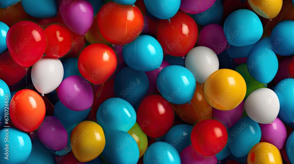 Poster a large group of colorful balloons floating in the air on a black background with a white line in th