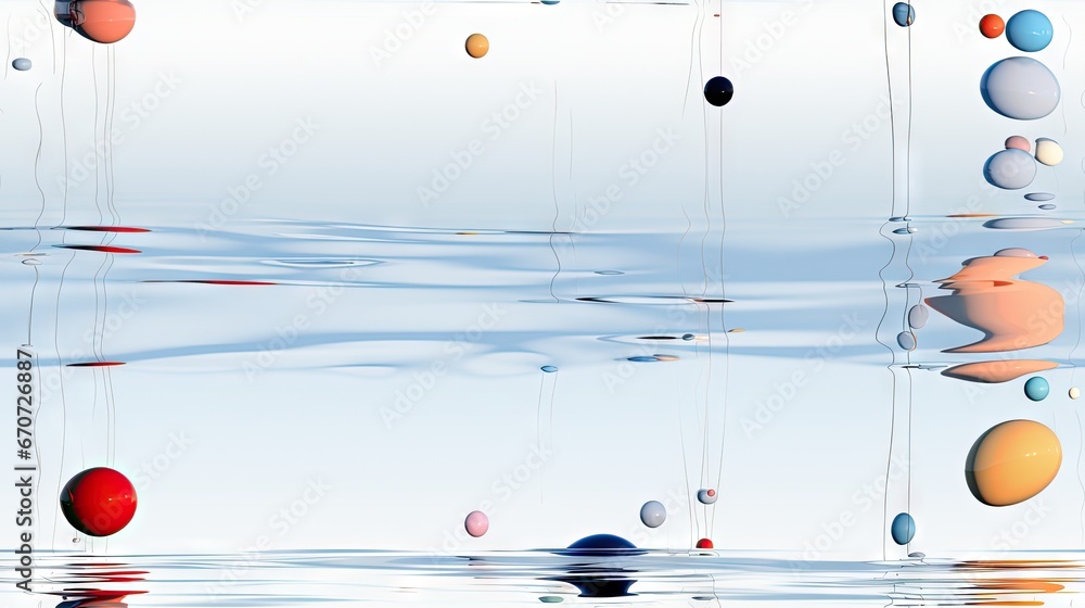 Poster a group of balls floating on top of a body of water in front of a sky filled with lots of clouds. ge