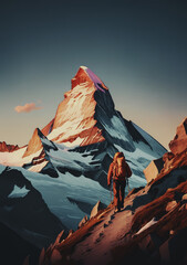 illustrazione di alpinista, scalatore, che si avvicina alla cima di un picco innevato all'alba - obrazy, fototapety, plakaty