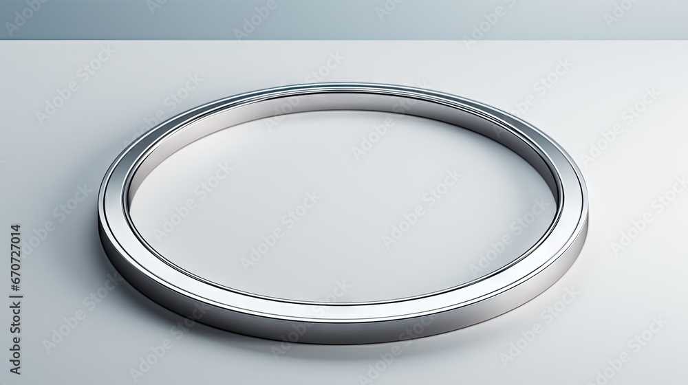 Poster a close up of a silver ring on a white surface with a light reflection on the bottom of the ring. ge