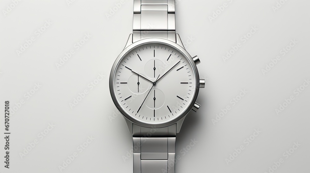 Poster a close up of a wrist watch on a white surface with a light reflection on the face of the watch. gen