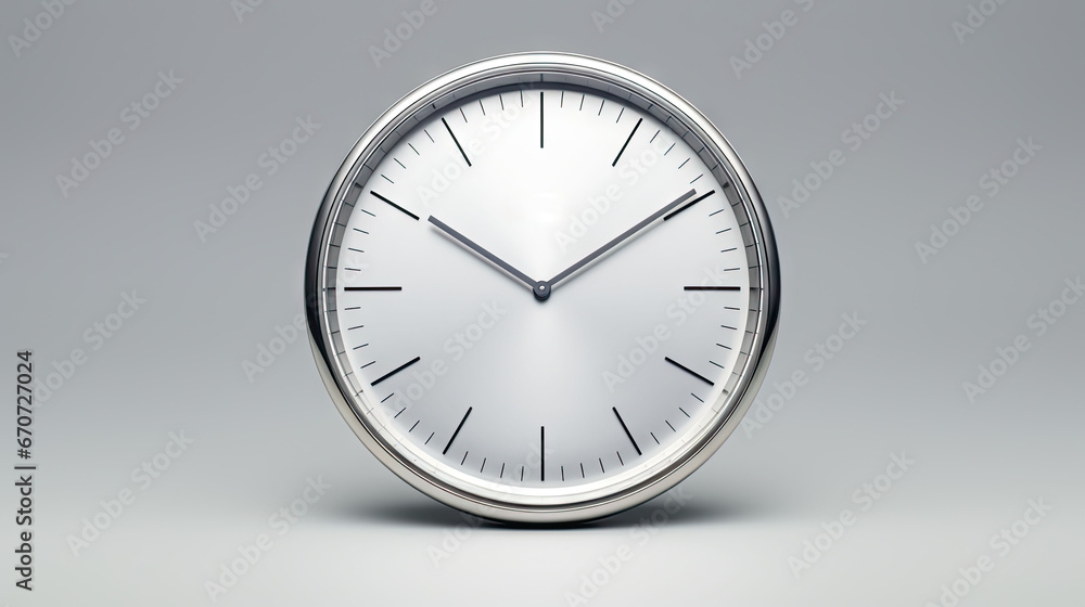 Poster  a silver clock sitting on top of a white floor next to a gray wall with a clock on it's side.  generative ai