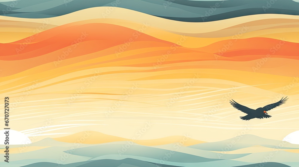 Poster a painting of a bird flying in the sky over a mountain range with a sunset and clouds in the backgro