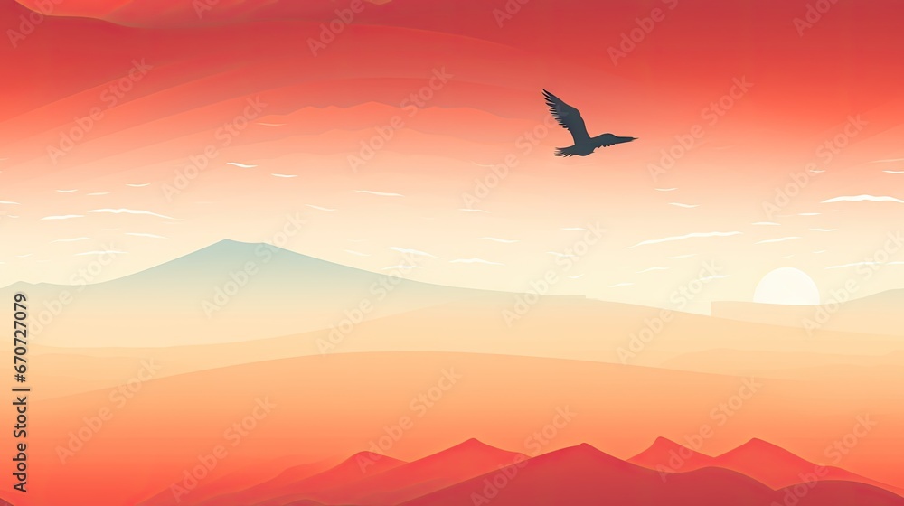Poster a bird flying over a mountain range with a sunset in the background and a bird flying over the mount