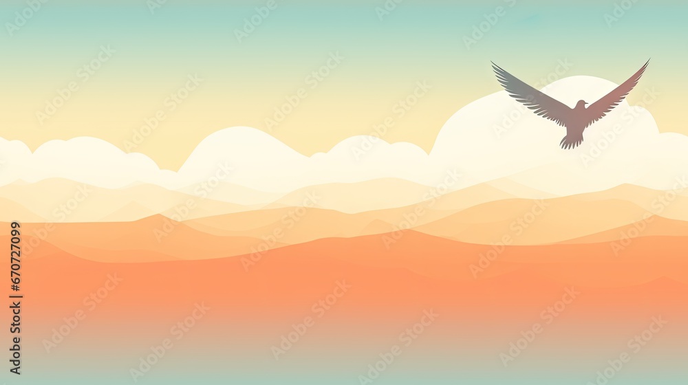 Poster a bird flying in the sky over a mountain range with a bird in the foreground and clouds in the backg