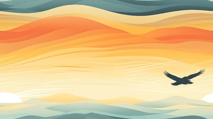  a painting of a bird flying in the sky over a mountain range with a sunset and clouds in the background.  generative ai
