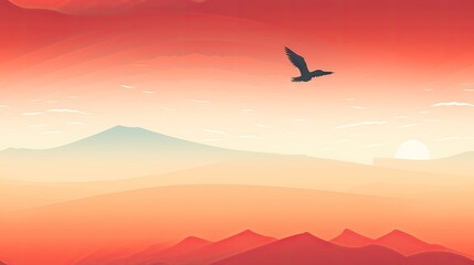  a bird flying over a mountain range with a sunset in the background and a bird flying over the mountain range with a sunset in the foreground. generative ai