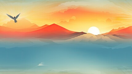  a painting of a sunset with a bird flying over a mountain range and a bird flying over the mountain range.  generative ai