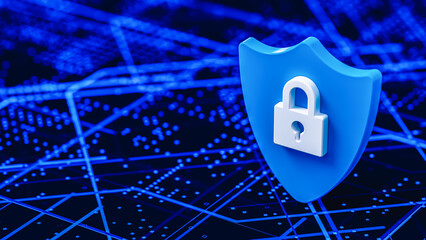 blue shield with white padlock in technological scenario, computer science and data security theme