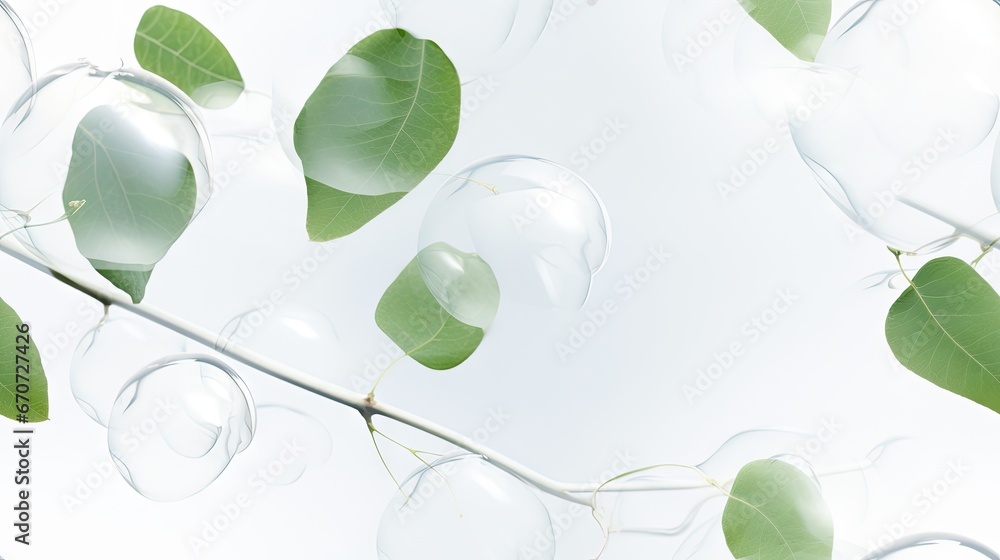 Poster a branch with leaves and bubbles hanging from it's sides and a white background with a few bubbles h