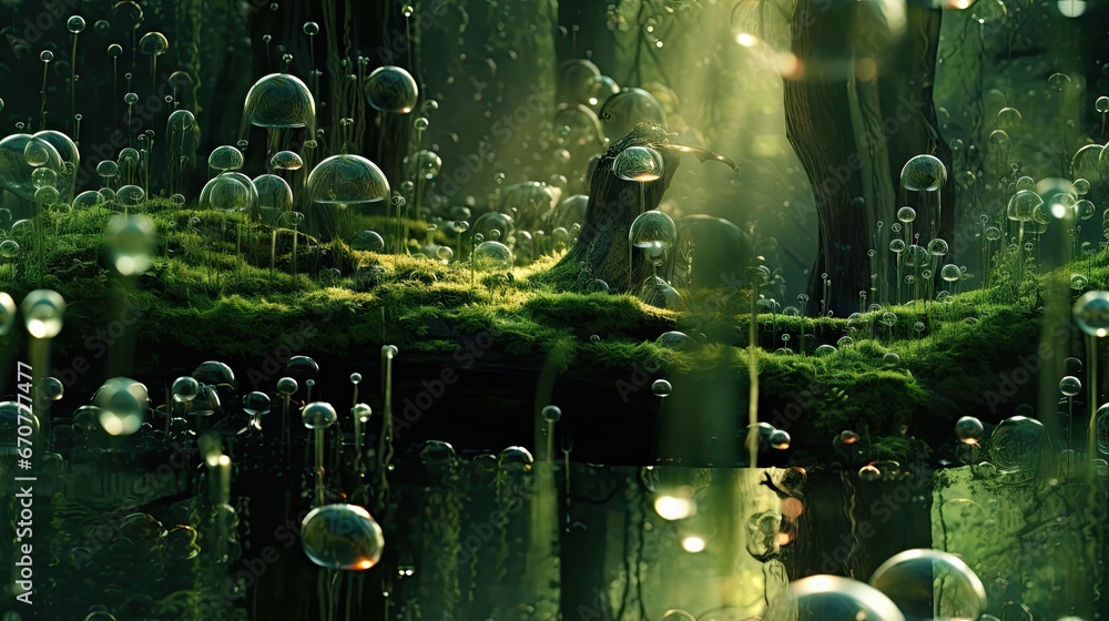 Poster a group of bubbles floating in the air next to a forest filled with green grass and a mossy tree. ge