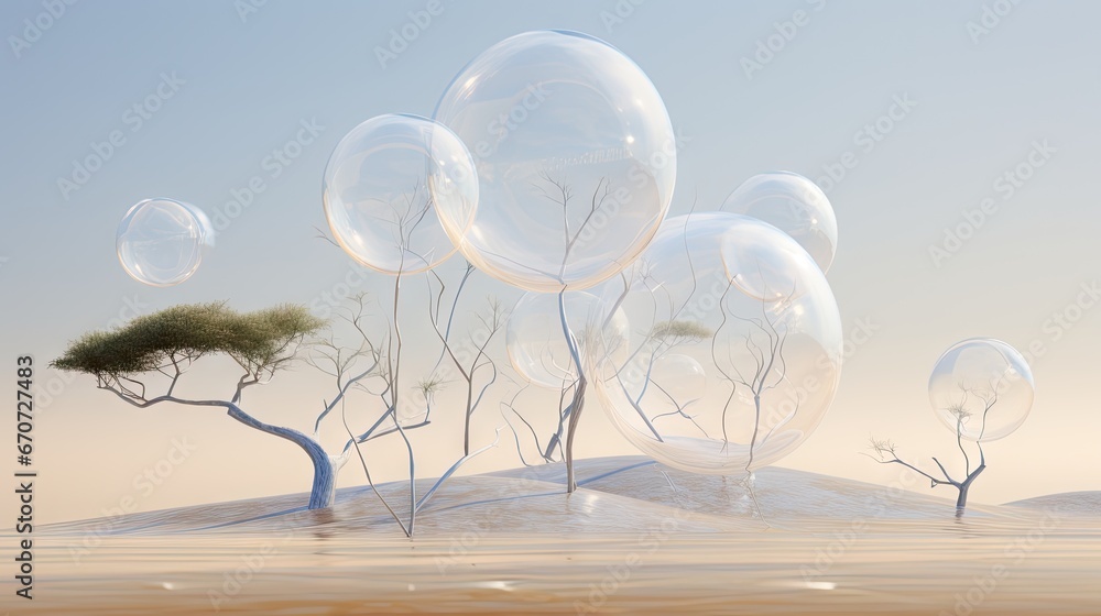 Poster a bunch of bubbles floating in the air next to a tree and a small tree with no leaves on it. generat