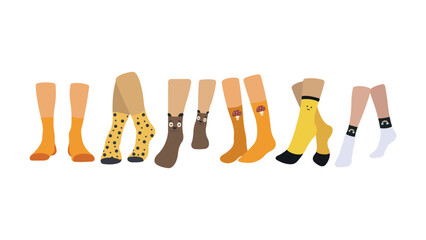 Set funny feet in socks in cartoon style. Vector illustration of feet with pairs of cute socks with different designs: polka dots, teddy bears, mushrooms, emoticons, rainbows with clouds.