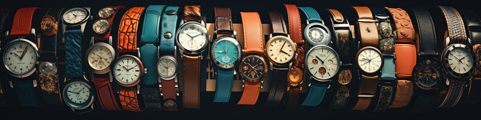 Banner, illustration of a collection of varied wrist watches  - obrazy, fototapety, plakaty