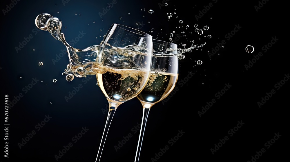 Poster two glasses of champagne splashing into each other with bubbles on a black background with a splash 