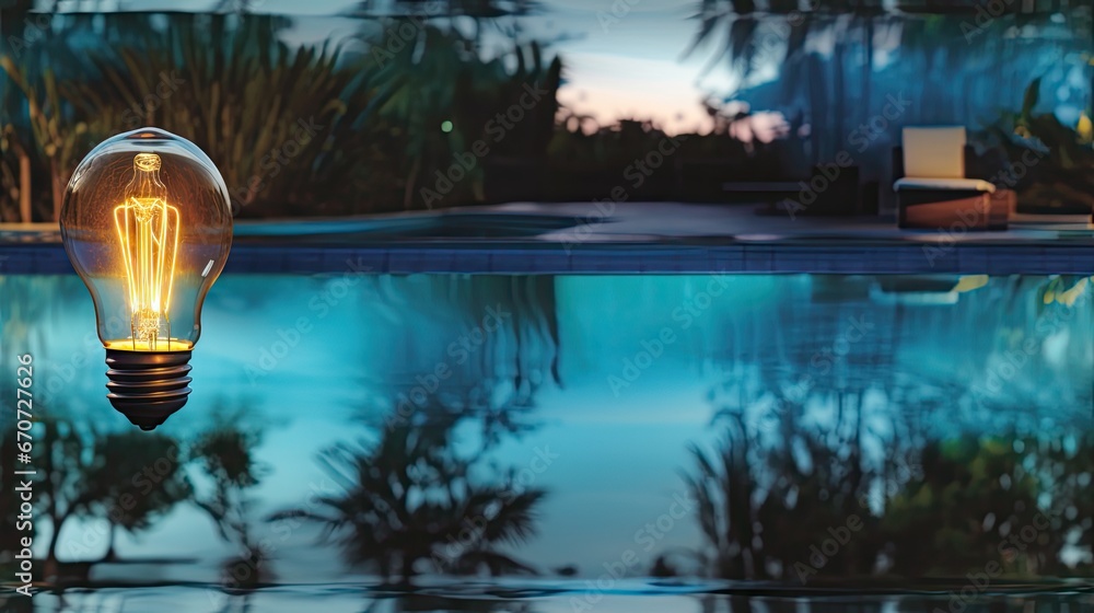 Poster a light bulb sitting on top of a pool in front of a palm tree filled swimming pool with a reflection