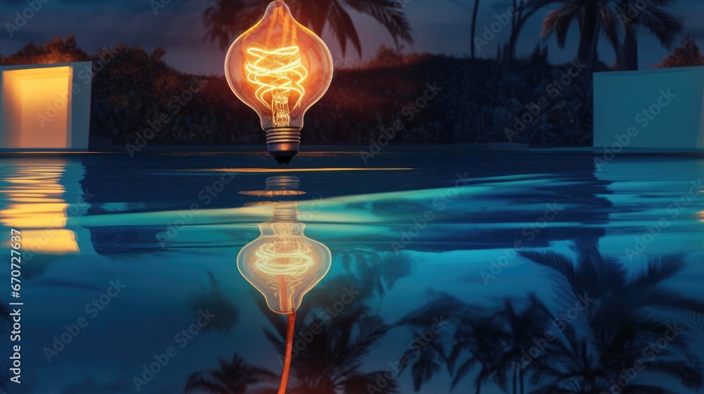 Poster a glowing light bulb in the middle of a pool of water with palm trees in the background and a reflec