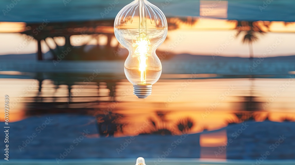 Poster a light bulb hanging from a ceiling in front of a body of water with a palm tree in the background. 