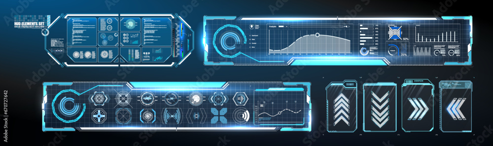 Poster this is a vector set of futuristic hud interface elements. the elements are blue and black in color,