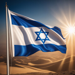 Israel flag waving in the wind against a beautiful sunset or sunrise sky