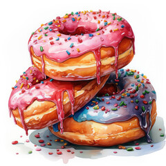 Watercolor of a donuts with sprinkles glazes and toppings Clipart, Generative Ai