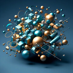 realistic primitives composition. Flying shapes in motion isolated. Abstract theme for trendy designs. Spheres, torus, tubes, cones in metallic blue and gold colors. 3d render 