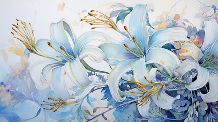  a painting of white and blue flowers on a blue and white wall behind a painting of blue and white flowers.  generative ai