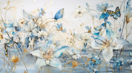  a painting of blue and white flowers with a butterfly on the top of one of the flowers and a butterfly on the bottom of the bottom of the flowers.  generative ai