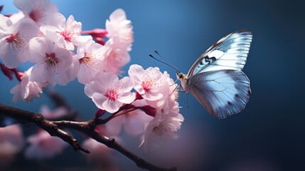  a blue and white butterfly sitting on a branch of a cherry tree with pink flowers in the foreground and a blue sky in the background.  generative ai