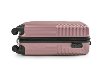 Stylish suitcase on white background