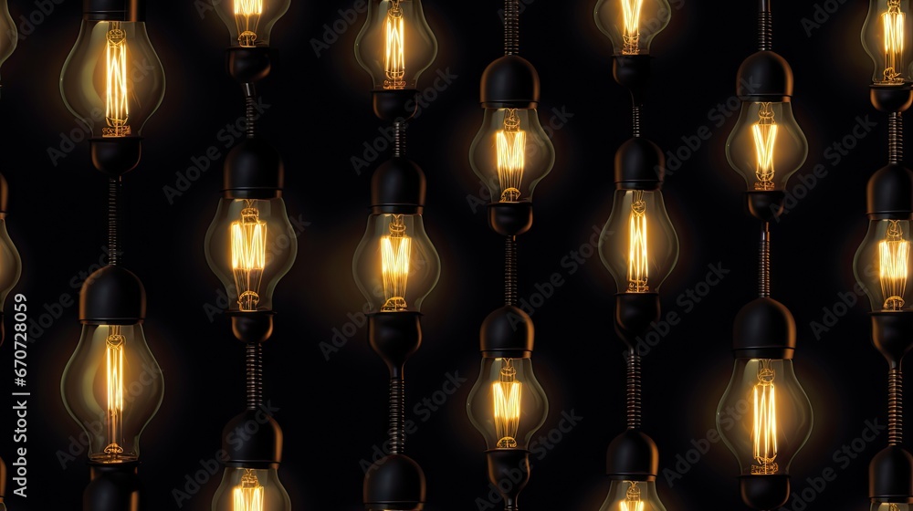 Poster a bunch of light bulbs that are hanging from a line on a black background with a light bulb in the m