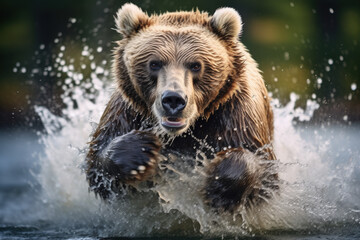 Grizzly bear charging through river.
