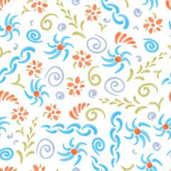 Fototapeta na wymiar Seamless pattern of watercolor doodle sketches of various abstract decorative design elements 