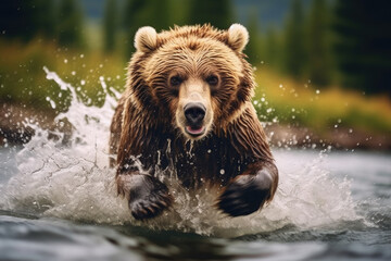 Obraz premium Grizzly bear charging through river.